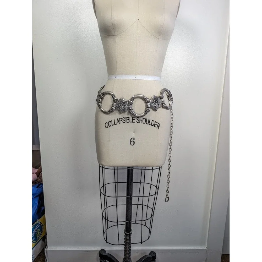 Vintage Y2K Chunky Belt Ornate Statement Adjustable Silver Tone Metal Festival